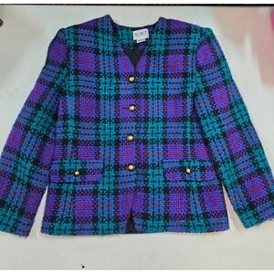 Koret Petites Vintage 90s Plaid Blazer Purple Teal Gold Button Jacket size 4